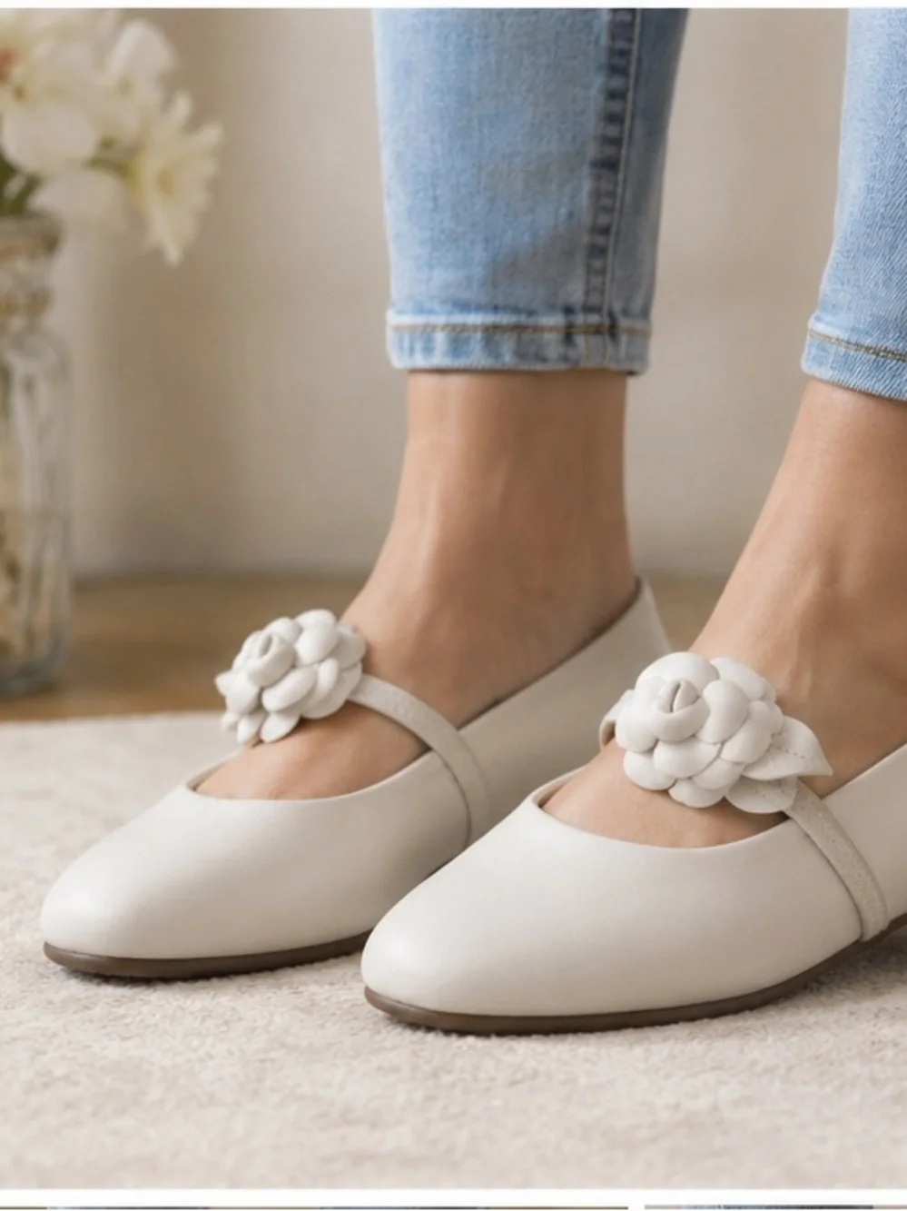 White Mountain Cream Braided Flower Mary Jane Flats